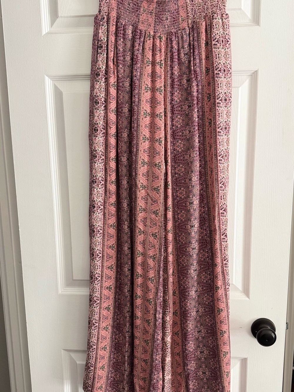 Boho Pink floral print wide leg pants with Smocked Waist